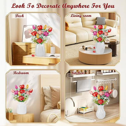 Utbttor Flower Bouquet Building Kit Red Rose &amp Tulips 680 Pcs Building Blocks Set - Valentine's Day Mother's Day Christmas Birthday Gift for Adults Women Her Home Office Decor No Vase