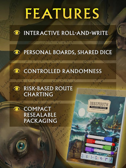 CrowD Games | Innsmouth Travel Guide | 1-4 Players | Ages 14 and up | Roll and Write | Tourism | Route Building | Lovecraft | Solo Mode Included | Average Playtime 30 min
