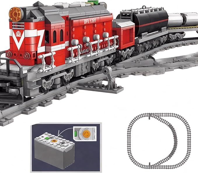 General Jim's Red Diesel Cargo Train Building Blocks Set - 1000+ Piece City Series with Automatic Running System Railway Tracks and Truck - L Gauge - Compatible w/Major Brick Brand Tracks - GJ-EBRT