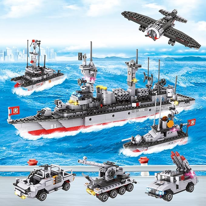 1296 Pieces City Police Set Aircraft Carrier Blocks Set 6 in 1 Military Warship Battleship Building kit with Airplane Boat Cop Car Tank Creative Roleplay Ship Gift Toys for Kids Boys 6-12 Years