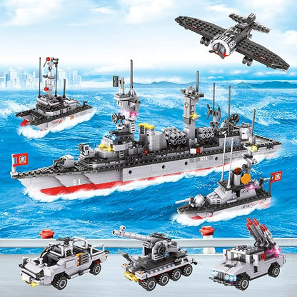 1296 Pieces City Police Set Aircraft Carrier Blocks Set 6 in 1 Military Warship Battleship Building kit with Airplane Boat Cop Car Tank Creative Roleplay Ship Gift Toys for Kids Boys 6-12 Years