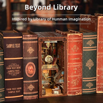 DIY Book Nook Kit DIY Miniature Dollhouse Booknook Kit 3D Wooden Puzzle Bookend Bookshelf Insert Decor with LED Light for Teens and Adults (Beyond Library)