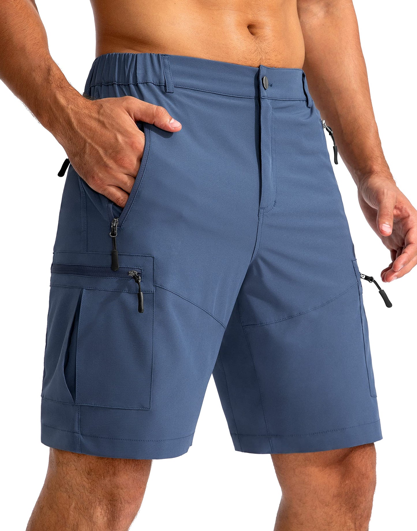 Pudolla Men's Hiking Cargo Shorts 9" Lightweight Outdoor Work Shorts for Men Travel Golf Camping Casual with 5 Zipper Pockets(Dark Navy Large)
