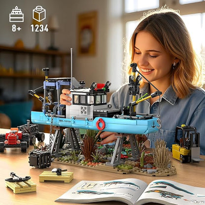 Mould King Seaside City Fishing Boat Building Set Creative Repair Yard with Ship Forklift and Camp DIY Construction Model Kit Idea Gift for Adults &amp Teens 14+ (1234PCS)