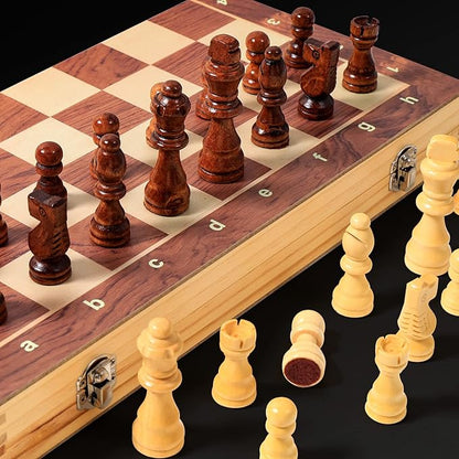 15 x 15 Magnetic Wooden Folding Chess Set with 2 Extra Queens Handmade Game Board Interior for Storage for Adult Kids Beginner Large Chess Board