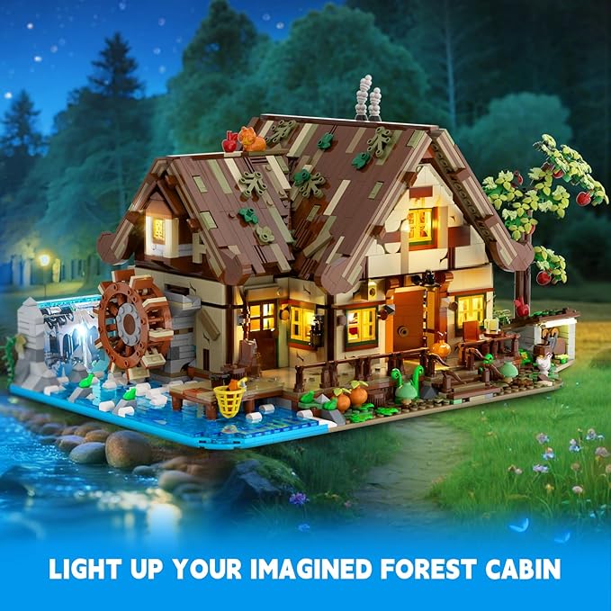 Wood Cabin Mini Building Set with Lights Forest House Building Block Kit with Animals Stream Waterwheel 2570 PCS Treehouse Construction Model Toy Collection for Adults Teens Boys Girls 12+