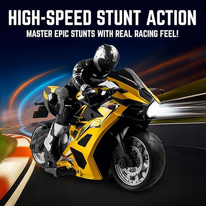 Liberty Imports 2.4G RC Remote Control Stunt Motorcycle with Riding Figure 1:10 Scale High Speed Cross Country 360 Degree Rotation Drift Shockproof Racing Motorbike (Yellow)