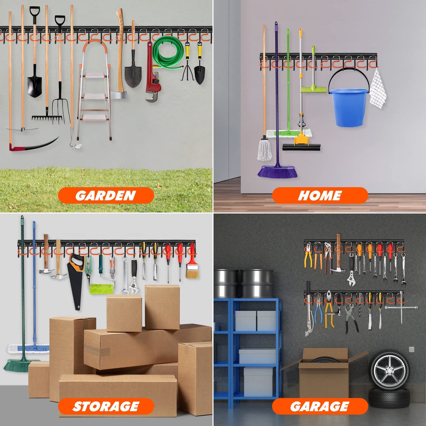 TVKB 68'' All Metal Garden Tool Organizer Wall Mount Garage Organizers and Storage with Hooks Tool Hangers for Shed