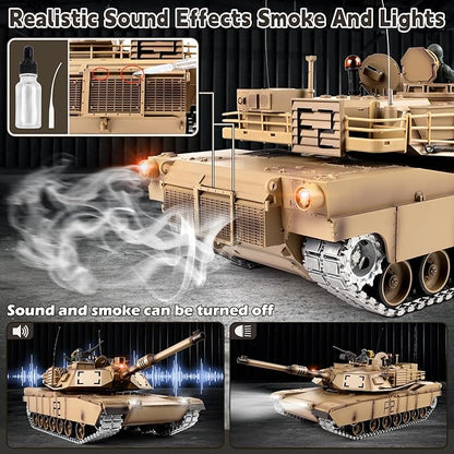 1/16 RC Tank Heng Long US M1A2 Abrams Army Toy with Smoke Sound and Lights Remote Control Tank That Shoots with Upgraded Metal Tracks Idler and Sprocket Wheel Steel Gearbox Batteries*2