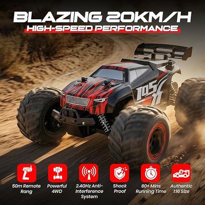 Remote Control Car 2.4GHz high Speed 20km/H 1:16 Scale 4 * 4 Off-Road RC Truck High Speed All-Terrain Racing Vehicle with 2*Rechargeable Batteries LED Lights Gifts for Kids &amp Adults