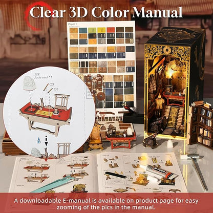 Book Nook Kit 3D Wooden Puzzle for Teens and Adults DIY Miniature Dollhouse Booknook Kit Bookend Bookshelf Insert Decor with LED Light (The Emperor’s Study)