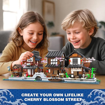 Traditional Japanese Cherry Blossom Village Building Set Sakura Street View Architecture Building Block - Izakaya &amp Tea House Collectible Construction Toy Gift for Adults &amp Anime Fans 2058P