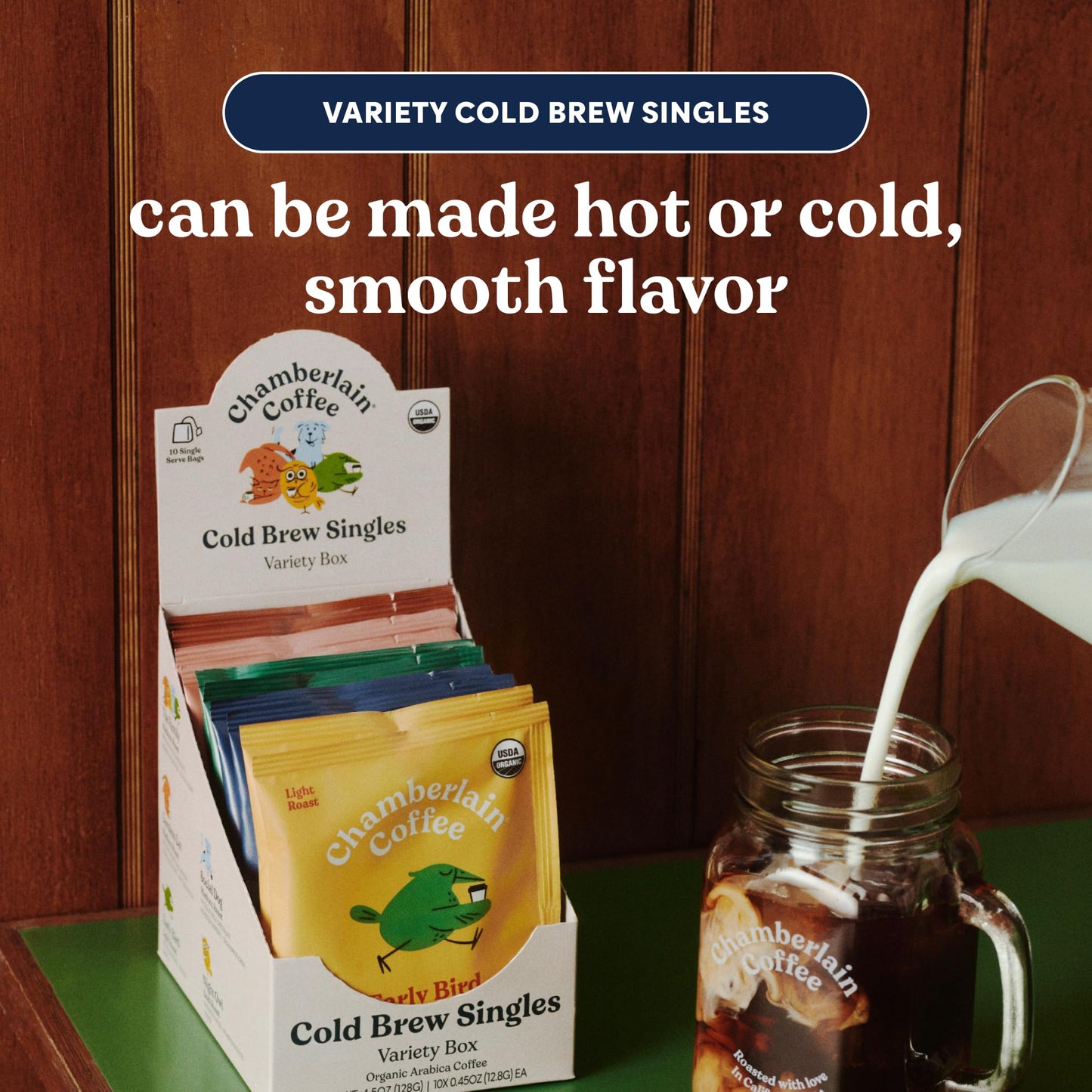 Chamberlain Coffee Variety Box Single Serve Bags - Includes 5 Blends, Original Family, Early Bird, Night Owl, Careless Cat and Social Dog Blends - 10 Single Serve Cold Brew Sachets