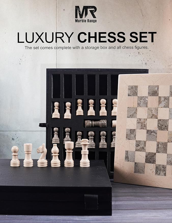 Marble Chess Set for Adults 12 Handmade Verona &amp Oceanic Board Game with 32 Chess Pieces 2 Extra Queens &amp Storage Box Luxury Travel Game Elegant for Home Decor
