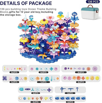 Ultimate Coral Reef STEM Building Set with Storage Box - 136PC Mega Collection 8+ Sea Creatures for Classroom Learning Kids Ages 3-6（Ocean-World-L3）