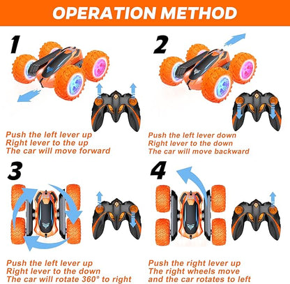 Remote Control Car 2.4GHz Electric Race Stunt Car Double Sided 360° Rolling Rotating Rotation LED Headlights RC 4WD High Speed Off Road Gift for 3 4 5 6 7 8-12 Year Old Boy Toys (Orange)