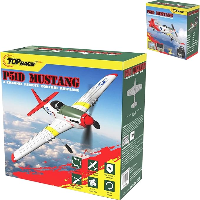 Top Race Remote Control Airplane RC Plane 4 Channel Ready to Fly RC Planes for Adults Advanced Foam Plane Remote Control Cessna P51 Mustang Upgraded with Propeller Saver (14 * 15 inch)