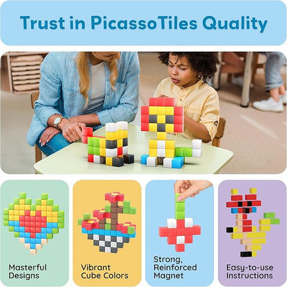 PicassoTiles 102pcs Pixel Magnetic Puzzle Cube 1” Pixel Mix &amp Match Toys with Ideabook STEM Education Learning Building Block Magnets Construction ToySet Stacking Creative Kit for Kids Age 3+ PMC1