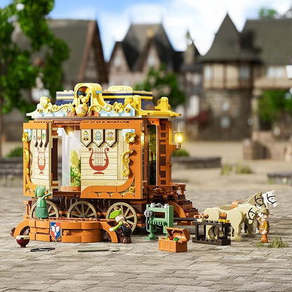 Medieval Troupe Carriage Lighting Building Bricks Set - Middle Ages City Town Playset Multi-Form Modular Collection Display Kit with Minifigures 1248 Pcs for Adults &amp Teens