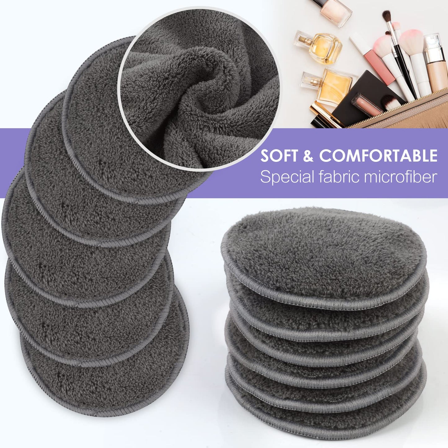 Sunland 16 Pack Reusable Makeup Remover Pads Microfiber Facial Cleansing Pads Washable Face Wipe Rounds with Laundry Bag Grey