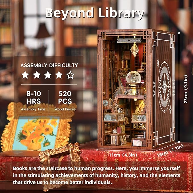 DIY Book Nook Kit DIY Miniature Dollhouse Booknook Kit 3D Wooden Puzzle Bookend Bookshelf Insert Decor with LED Light for Teens and Adults (Beyond Library)