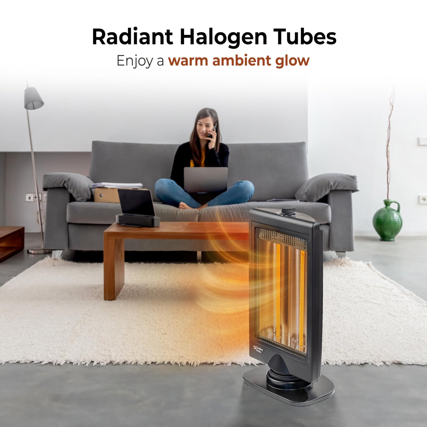 Comfort Zone Oscillating Portable Space Heater, Flat Panel, Halogen, Infrared, Electric, Adjustable Tilt, Overheat Sensor, Stay-Cool, & Tip-Over Switch, Ideal for Home, Bedroom, & Office, 800W, CZHTV9