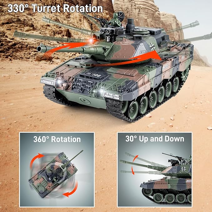 1:18 RC Tank 2.4Ghz German Leopard II Remote Control Tank Model Toys Battle Army Tank 15 Channel with Smoke Light and Sound Military Toy for Adults and Kids That Shoots BBS