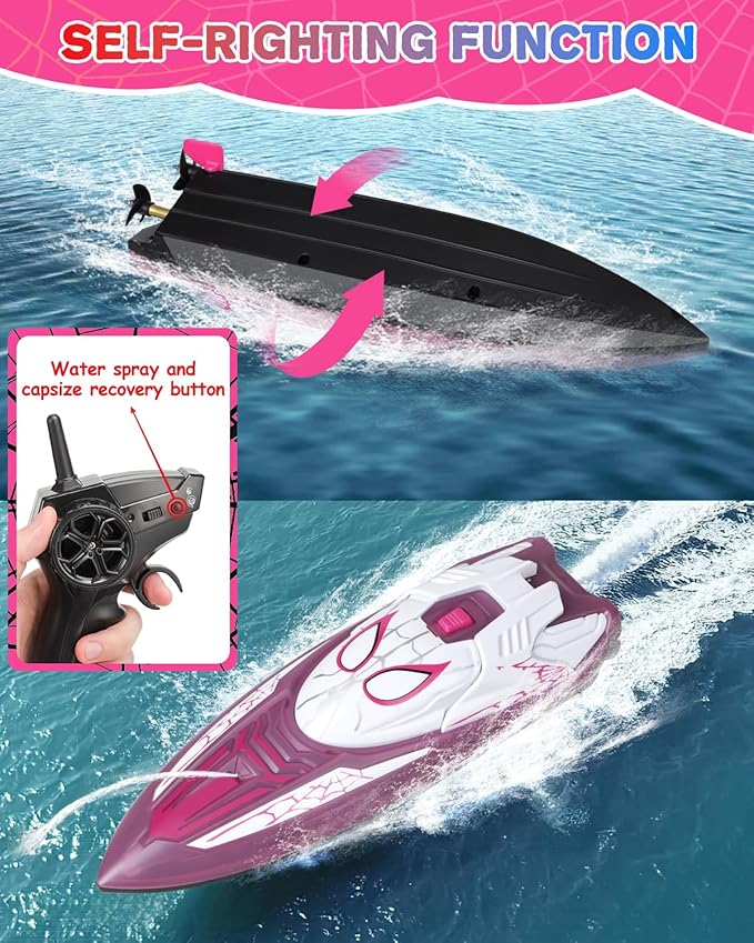 Spider Hero RC Boat 2.4GHz Remote Control Boat with LED Lights for Kids Pool Toy with 2 Rechargeable Batteries Spray Function and Low Battery Alarm for Boys &amp Girls (Spider Girl)