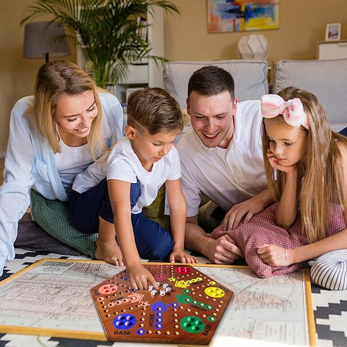Wooden Board Game Board Game Original Marble Game Double Sided Painted 2 to 6 Player Fast Track Wooden with 6 Colors 24 Marbles 6 Dice for Adults Kids Family(24 INCH Flame)