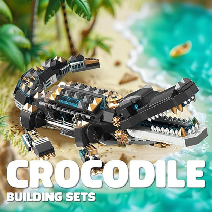 Mechanical Alligator Building Set 541 Pieces Steampunk Crocodile Model Kit with Golden Nameplate Articulated Swamp Beast Construction Toy Cyberpunk Bio-Animal Decor Gift for Adults Teens