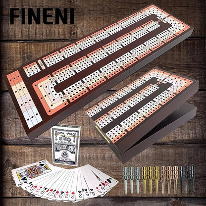 Foldable Cribbage Board Game Set Premium Wooden Foldable Board with Magnetic Lock 12 Metal Pegs Playing Cards with Travel Portable – Continuous 4 Track Board (Dark2)