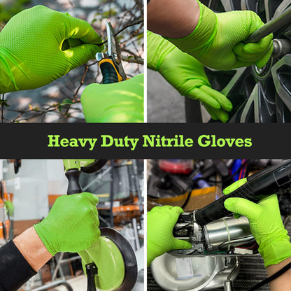 TitanFlex Heavy Duty Green Industrial Nitrile Gloves, 8-mil, XL, Box of 100, Latex Free, Raised Diamond Texture Grip, Powder Free, Food Safe, Rubber Gloves, Mechanic Gloves