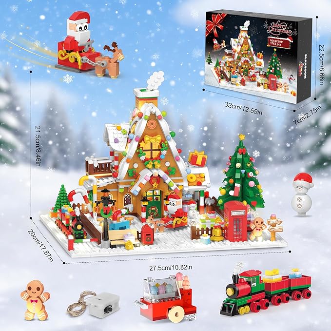 2025 Christmas Gingerbread House Courtyard Mini Building Set with Lights Christmas Village Building Block Toy with Santa Xmas Tree Holiday Train Gift for Adults Boys Girls 14+ (1763PCS)