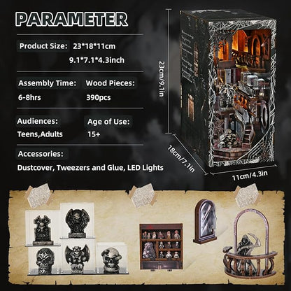 Book Nook Kit DIY Doll House Booknook Miniature Kit for Bookshelf Doll Houses for Adults Teen Halloween 3D Wooden Puzzle Bookends with Led Light and Dust Cover (Haunting Relics)