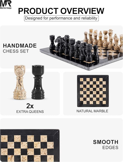 Marble Chess Set for Adults 12 Handmade Black &amp Coral Board Game with 32 Chess Pieces 2 Extra Queens &amp Storage Box Luxury Travel Game Elegant for Home Decor