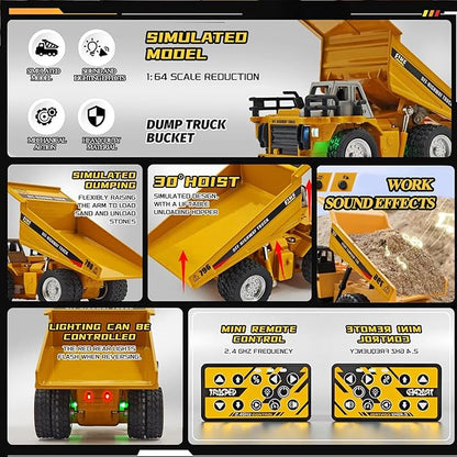 1:64 Mini RC Dump Truck Toy Alloy Metal Construction Vehicle with App &amp Remote Dual Control Variable Speed LED Lights &amp Sound RC Engineering Car Gift for Kids &amp Adults