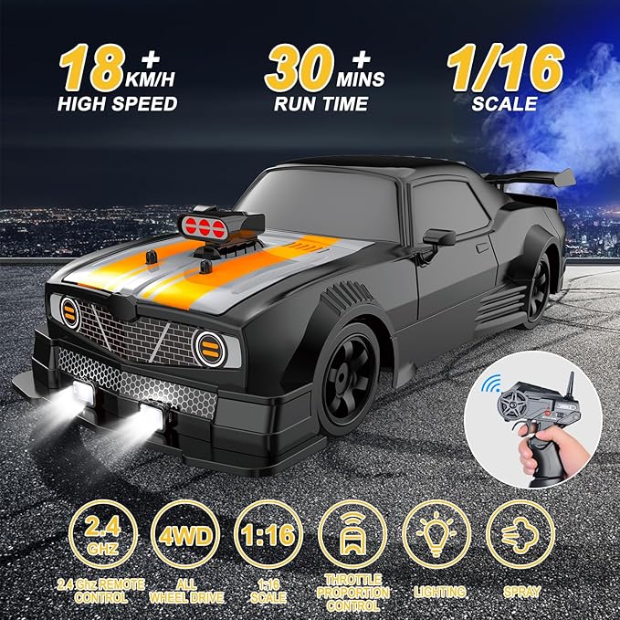 Fistone RC Drift Car 2.4GHz 1:16 Scale 4WD 18KM/H High Speed Remote Control Car with LED Lights 2 Batteries and Rubber Tire Racing Sport Toy Vehicle for Adults Boys Girls and Kids