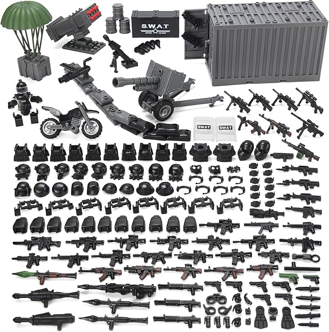 SWAT Team Weapons Pack with Shipping Cargo Container Army Equipment Helmet Armor 325Pcs Various of Military Accessories Building Block Toy Compatible with Major Brands Police Soldiers Figures (Black)