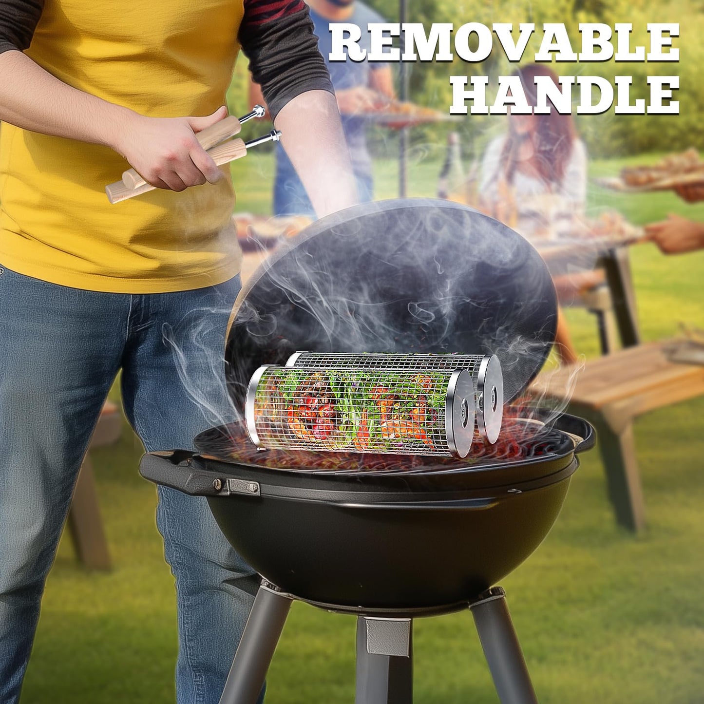 ivtivfu Rolling Grill Baskets, Removable Wooden Handle, 304 Stainless Steel, Nesting Grilling, BBQ Accessories Tools for Vegetable Shrimp, Outdoor Cooking Camping, Birthday Gifts for Men Dad Husband