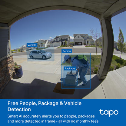 TP-Link Tapo Smart Video Doorbell Camera with Chime, Battery or Wired, 2K QHD Color Night Vison, No Monthly Fee, 180° Ultra-Wide Head-to-Toe View, Ring Call, Free AI Detection, Local Storage (D225)