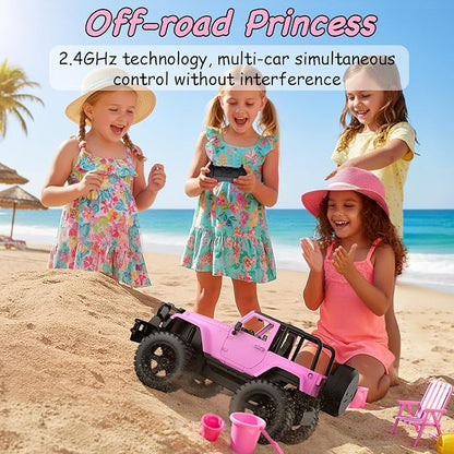 DOUBLE E Jeep Licensed 1:14 Scale Pink Remote Control Car for Girls with 2*DIY Stickers Open-top Design RC Jeep 80Min Play 2.4Ghz Off Road RC Trucks with LED Lights Birthday/Xmas Gifts for Girls 6+