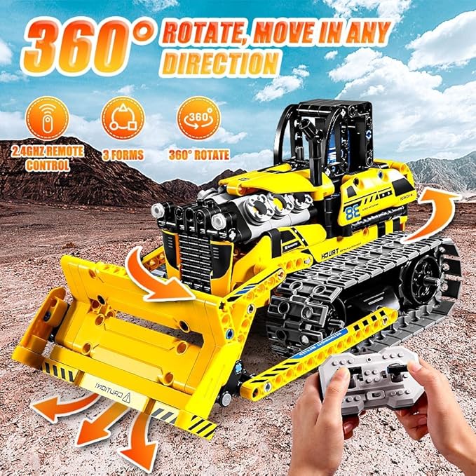OKKIDY 3 in 1 Kids Remote Bulldozer STEM Technology Building Blocks Set Toys APP Remote Construction Blocks Engineering Excavator/Robot Ages 6-14 DIY Erector Sets for Boys and Girls-452 (PCS)