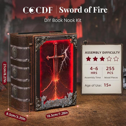 Book Nook Kit - DIY Miniature House Kit for Adults Teens Dollhouse Magic Booknook Tiny House Bookshelf Decor Gifts for Family Friends (Sword of Fire)