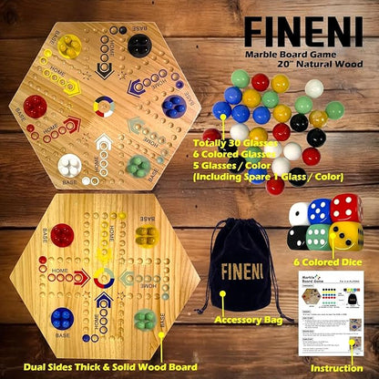 Wooden Board Games Marble Board Game Original with Dual Sides Fast Track Games for 2 to 6 Players Double Side Marble Boards 6 Colors 30 Marbles and 6 Color 6 Dice Pouch (20 Log)