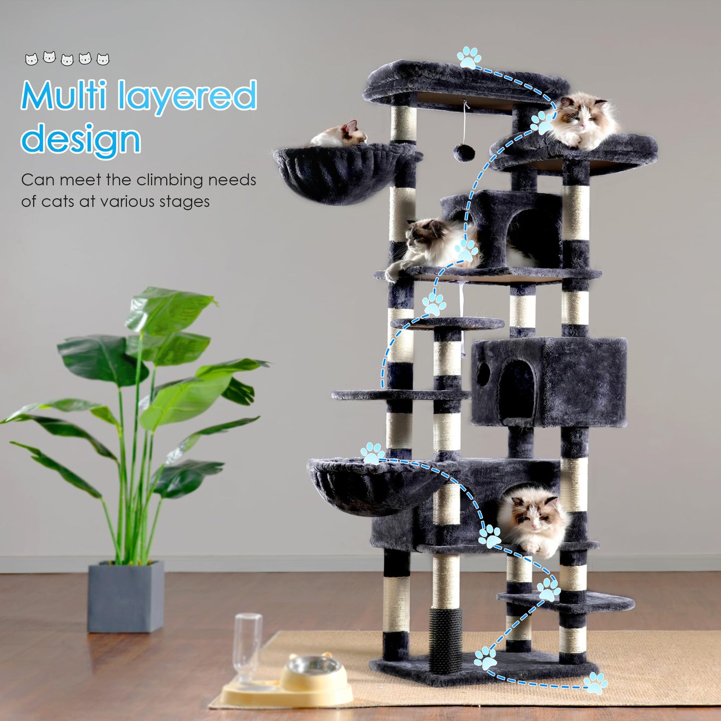 Hey-brother Cat Tree, 74 inches Multi-Level XL Large Cat Tower for Indoor Cats with Three Cat Condos, Two Large Top Decks and Cat Hairbrushfor Kittens, Cats and Pets, Smoky Gray MPJ035-MG