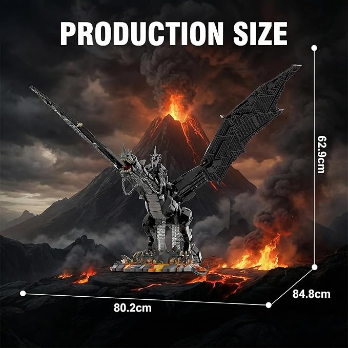 The Rings Dark Fantasy Giant Dragon with Witch King Figure Building Blocks Set - 80cm Large Scale Black Dragon with Lava Nest Base &amp Detailing for Adults 14+ (2199 Pieces)