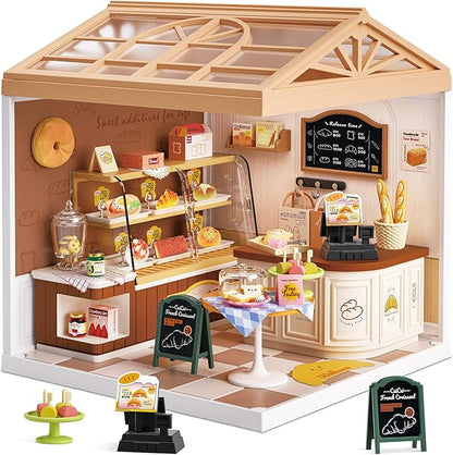 Miniature Bakery Dollhouse Kit - Sunny Pastry Shop DIY Room with Glass Door &amp Protective Roof &amp LED Lights - Creative Building Toy for Adults Teens and Kids - Unique Gift Idea
