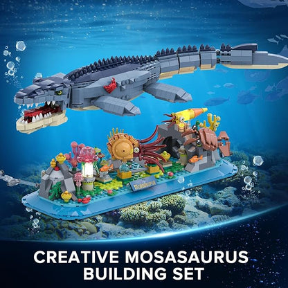 Mosasaurus Building Set with LED Light 1219 PCS Movable Ocean Animal Building Block Toy with Nautiluses Jellyfish Squid Coral Reef Ancient Reptile Home Decor Gift for Adults Teens Boys 12+