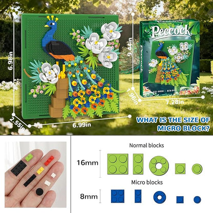 Flowers Peacock Animal 3D Wall Art Micro Mini Building Blocks Set Unique Home Wall Decor or Table Display Ideal Gift Toy for Adults &amp Boys Girls 14+ (879 PCS)