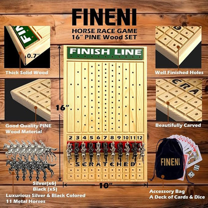 Horse Racing Game for Adults Luxurious Metal Horses (Silver Black) on 16' Pine Wood Board Dice &amp Card Included